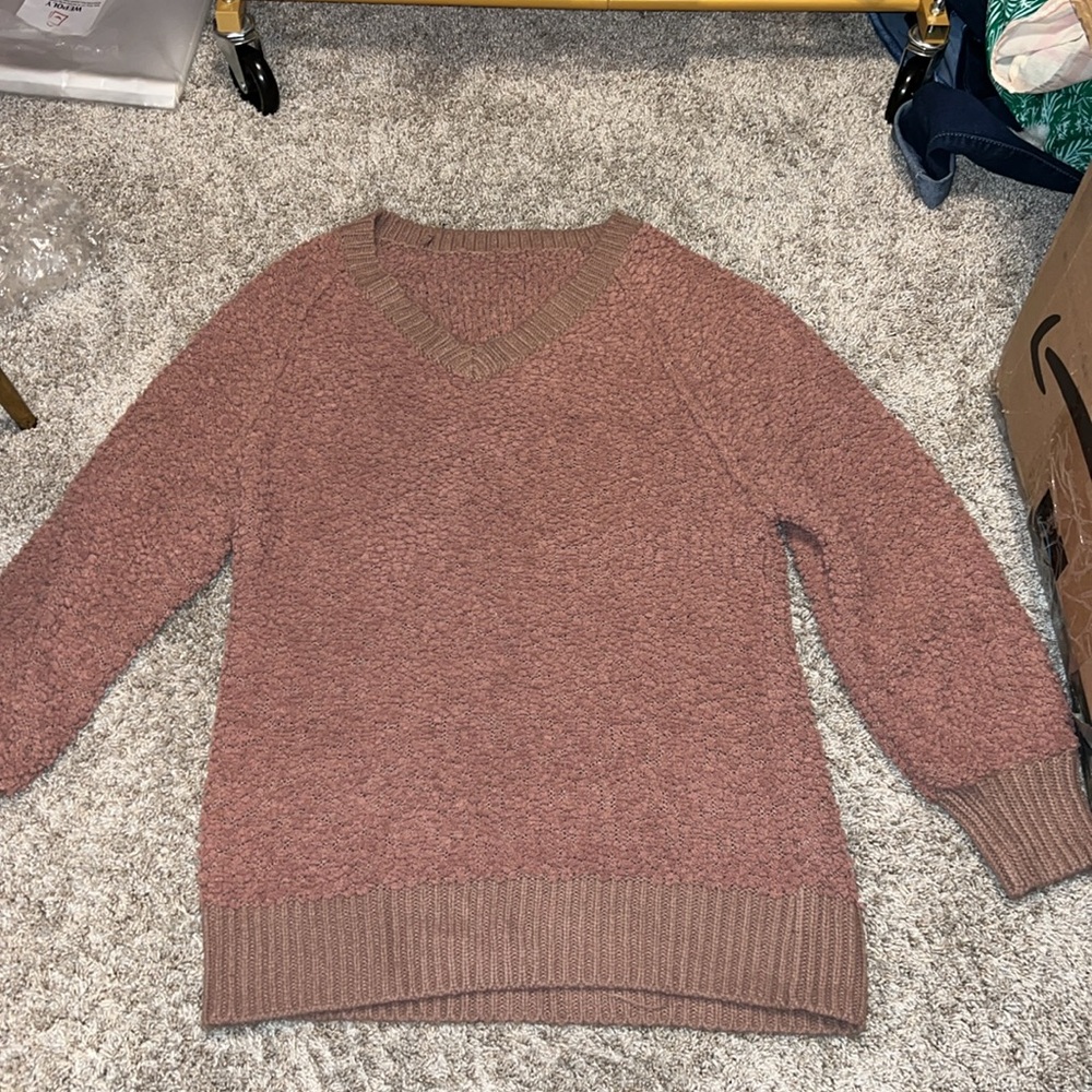 Rose Pink Teddy Sherpa V-neck Sweater Top Size Medium